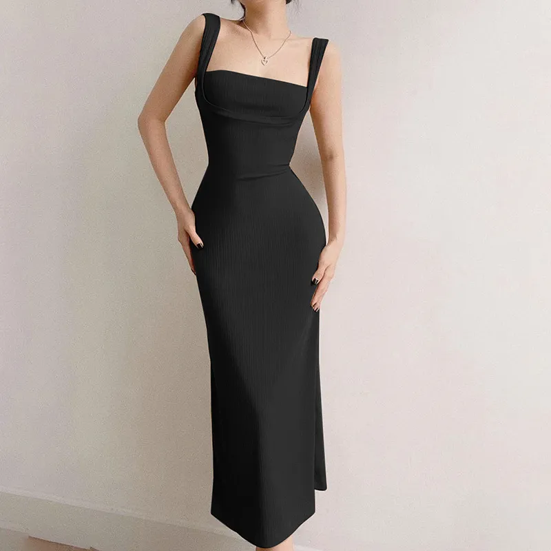 Black Square Neck Back Strap Midi Dress