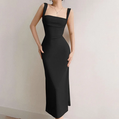 Black Square Neck Back Strap Midi Dress