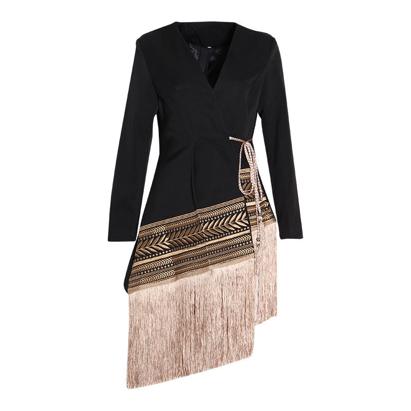 Boho Aztec Embroidery Tailored Contrast Tie Fringe Asymmetric Longline Blazer Dress With Tassels