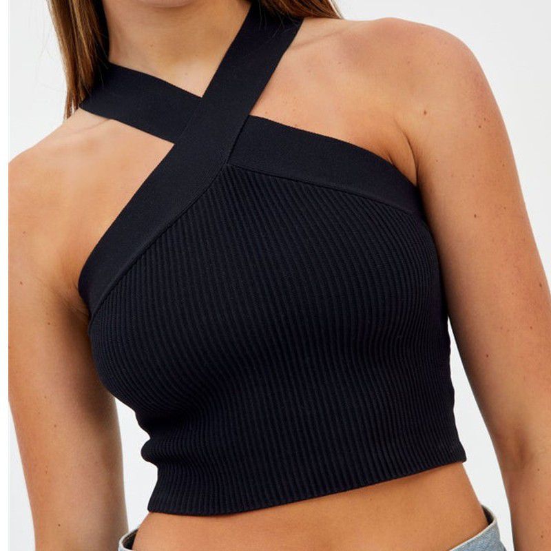 Crinkle Wide Ribbed Rib Criss Cross Halter Crop Top