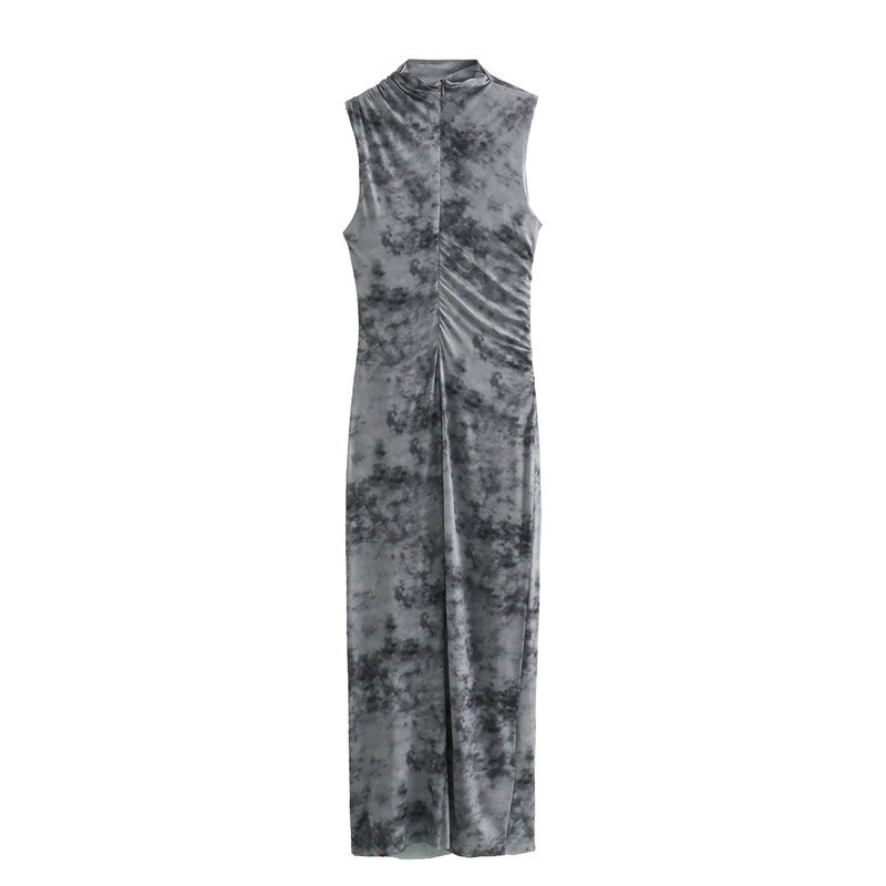 Gray Sleeveless Side Ruching Midi Dress