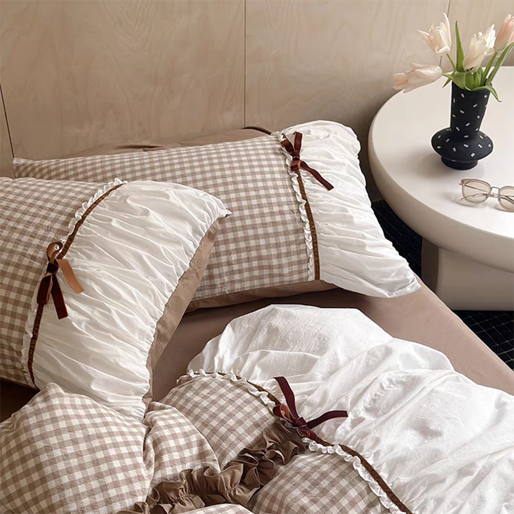 Beige Gingham with Bow Ruched Bedding Set
