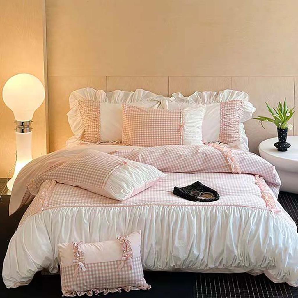 Beige Gingham with Bow Ruched Bedding Set