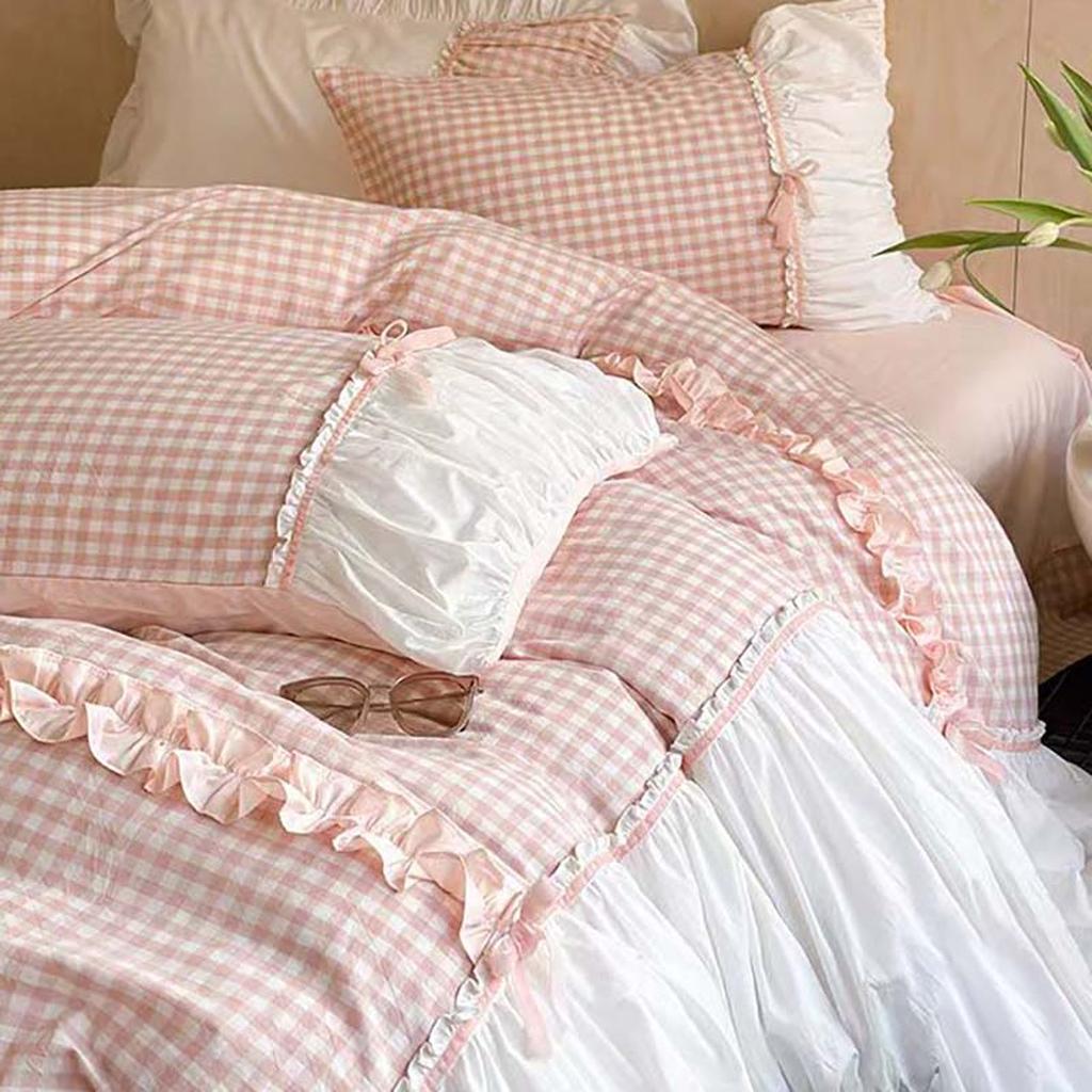 Beige Gingham with Bow Ruched Bedding Set