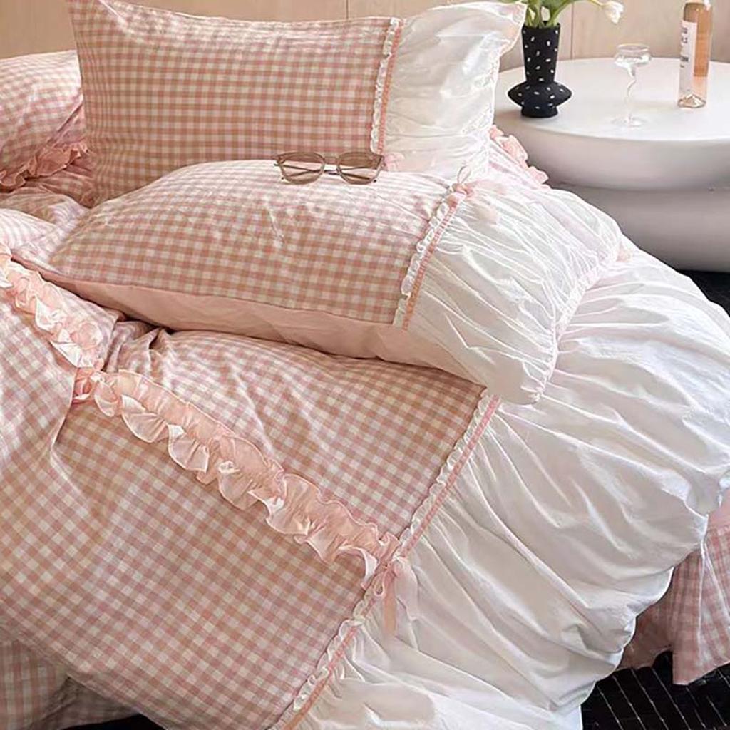 Beige Gingham with Bow Ruched Bedding Set