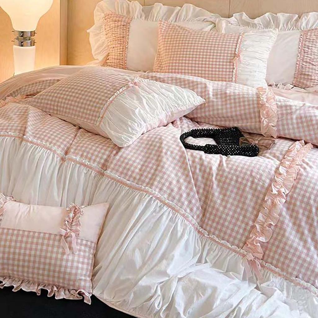 Beige Gingham with Bow Ruched Bedding Set