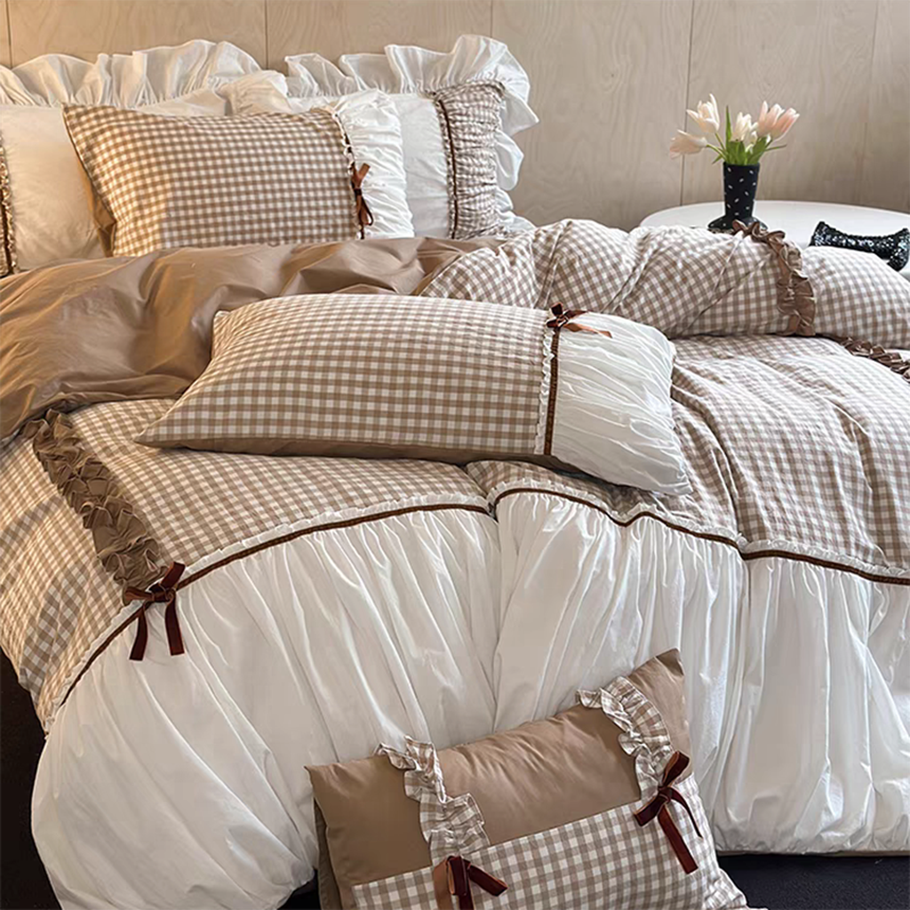 Beige Gingham with Bow Ruched Bedding Set