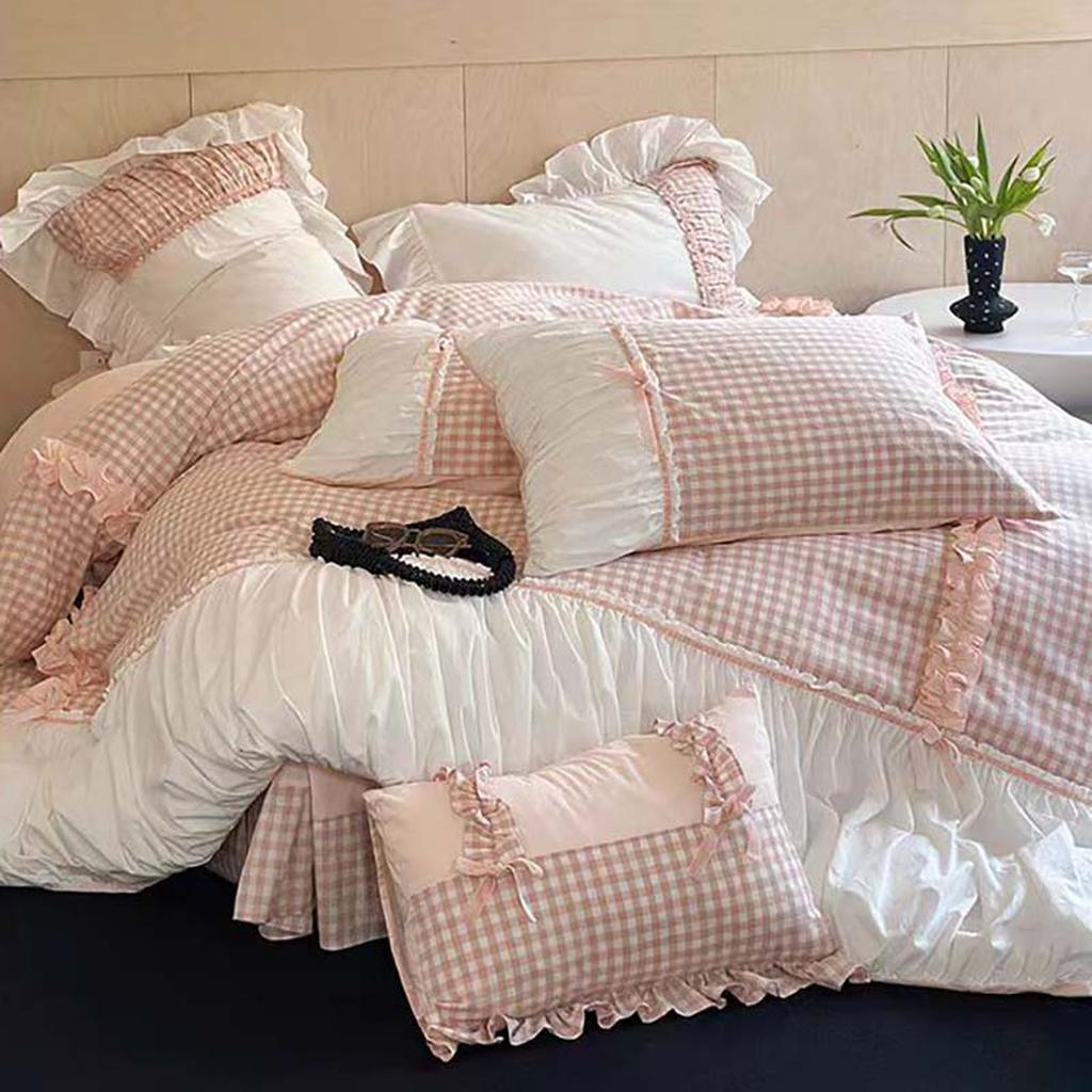 Beige Gingham with Bow Ruched Bedding Set