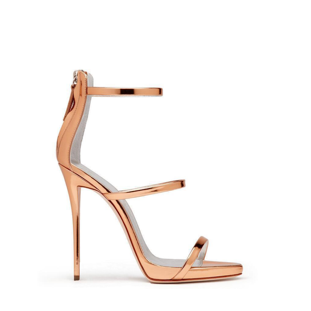 Rose Gold Metallic Triple Strap Stiletto Heel Sandals