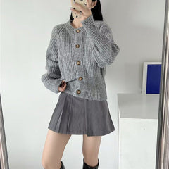 Grey Ribbed Knit Cardigan Round Neck Button Sweater Knitwear