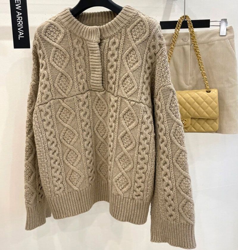 Chunky Cable Knit V Neck Button Up Sweater Jumper