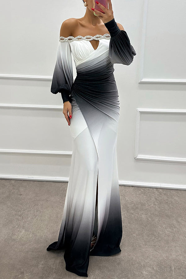 inostorâ„?Gradient Printed Strapless Jewel Detail Slit Gown Dresses