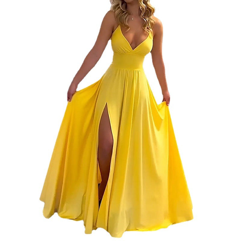 inostorâ„?Fashion Ladies Summer Suspenders V Neck Lace Up Slits Elegant Wedding Guest Dress