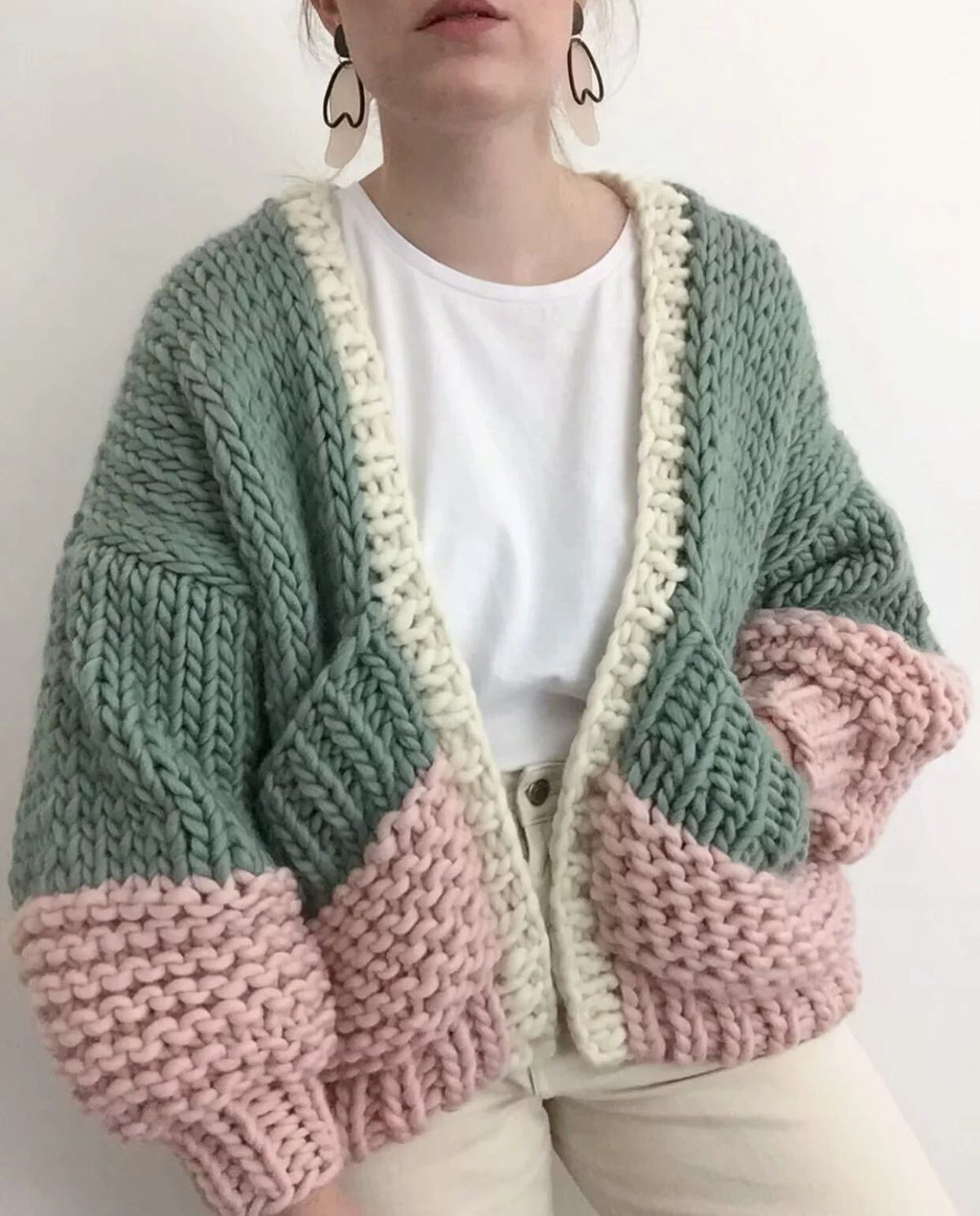 Color Block Contrast Duo Stitch Chunky Cable Knit Heavy Cardigan Sweater