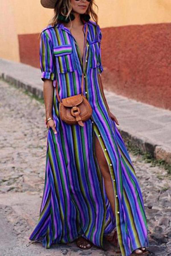 Boho Multi striped long maxi button down dress with sleeves