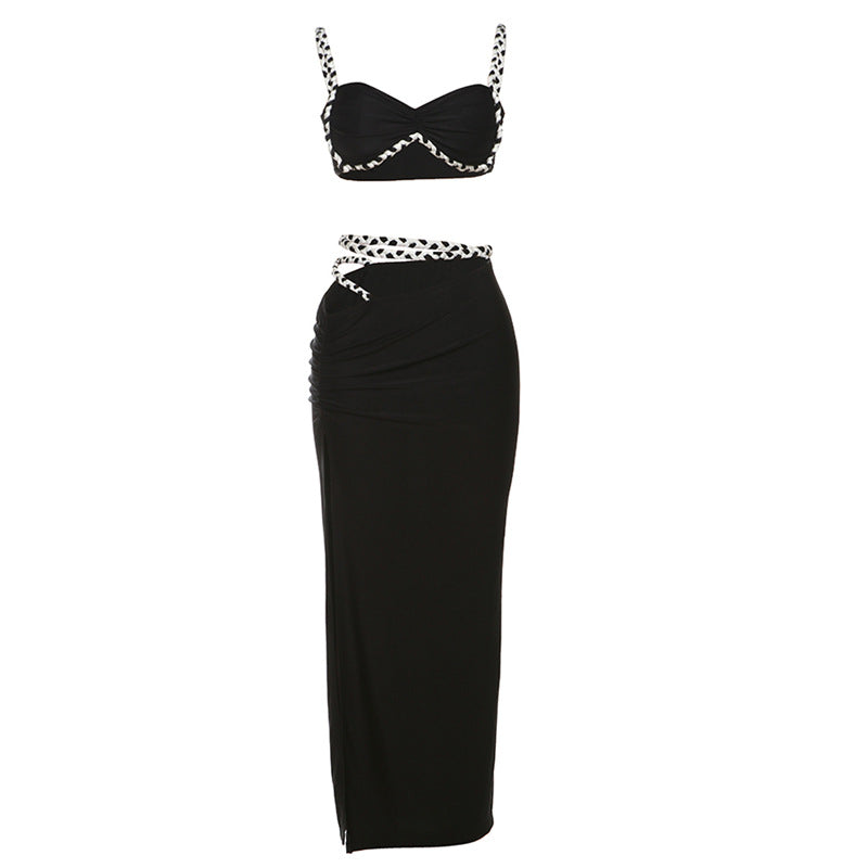 Contrast Color Camisole Slim Fit Side Slit Skirt Set