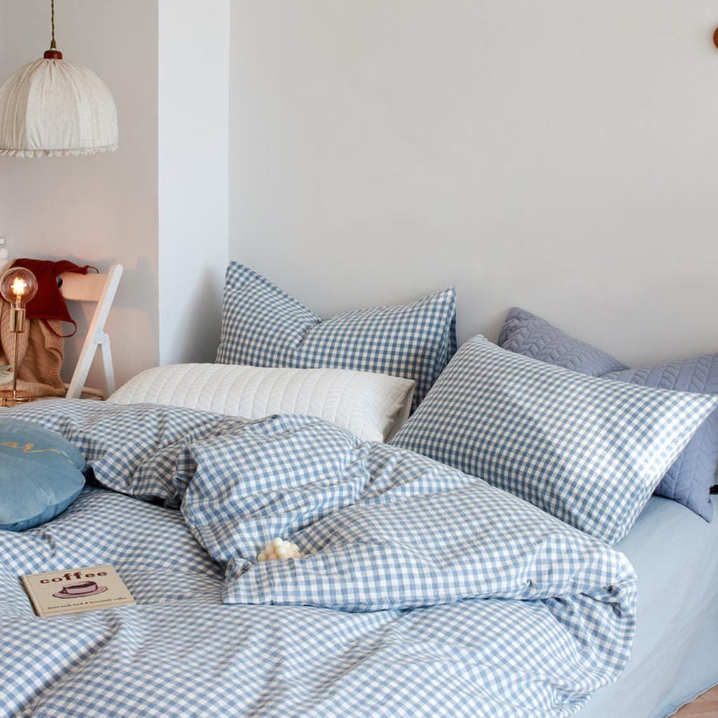 Cotton Small Gingham Bedding Set - Blue