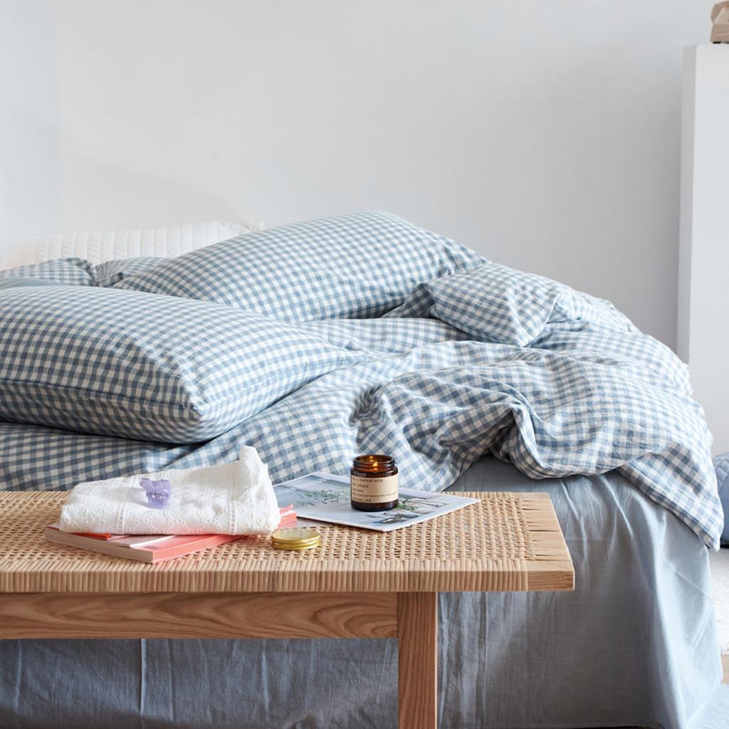 Cotton Small Gingham Bedding Set - Blue