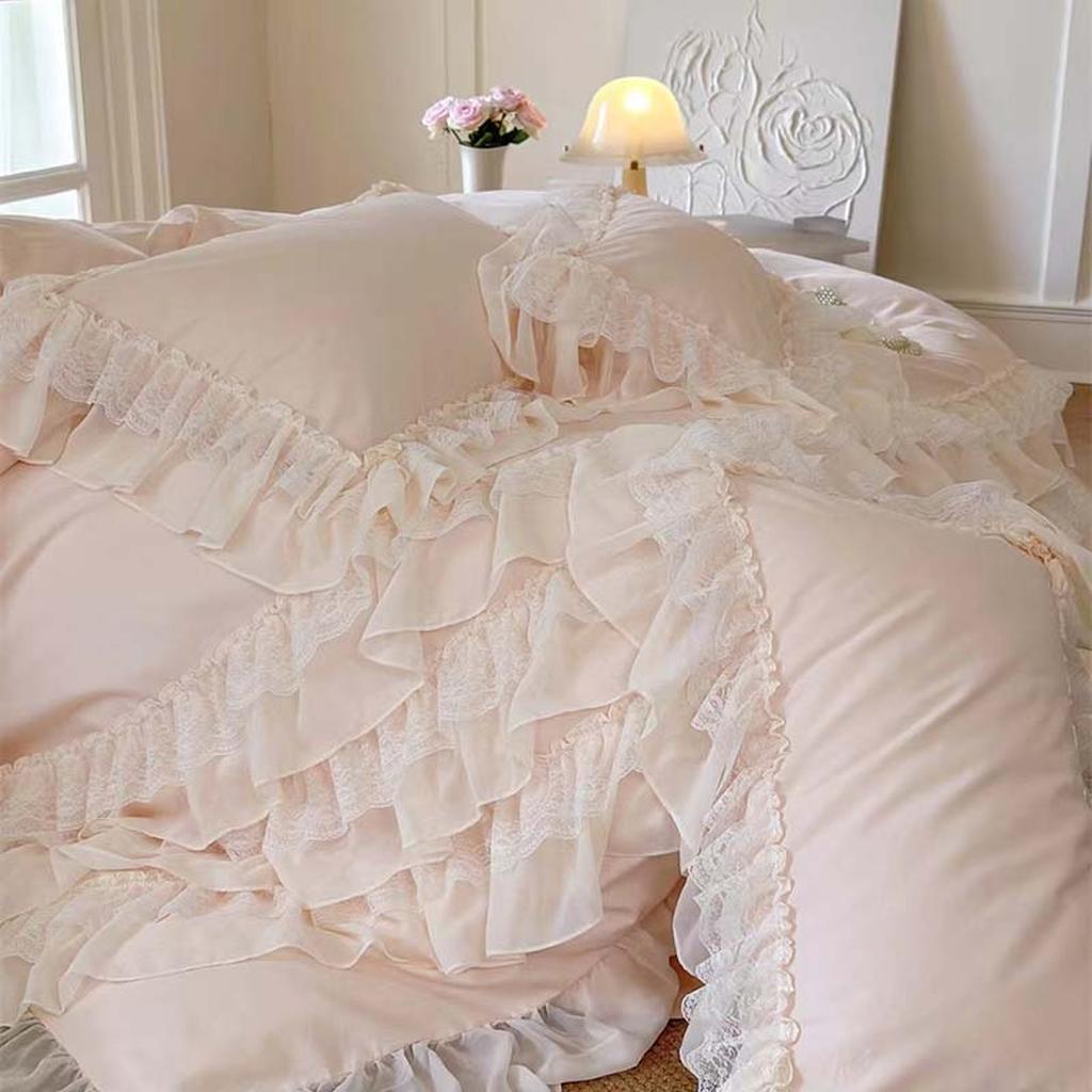 Cream White Princess Style Chiffon Ruffled Duvet Cover