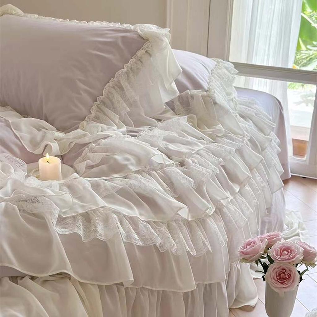 Cream White Princess Style Chiffon Ruffled Bedding Set