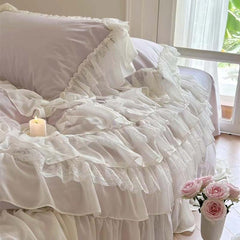 Cream White Princess Style Chiffon Ruffled Bedding Set