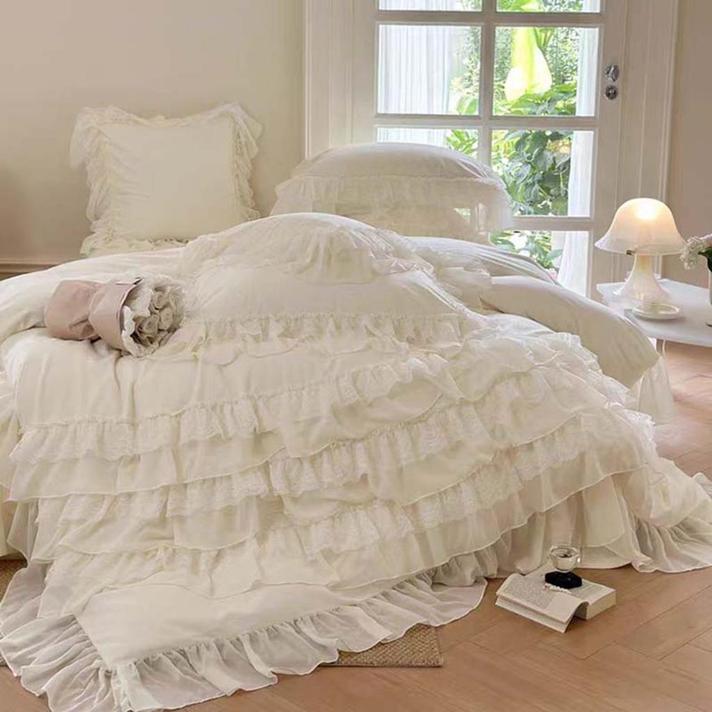 Cream White Princess Style Chiffon Ruffled Duvet Cover