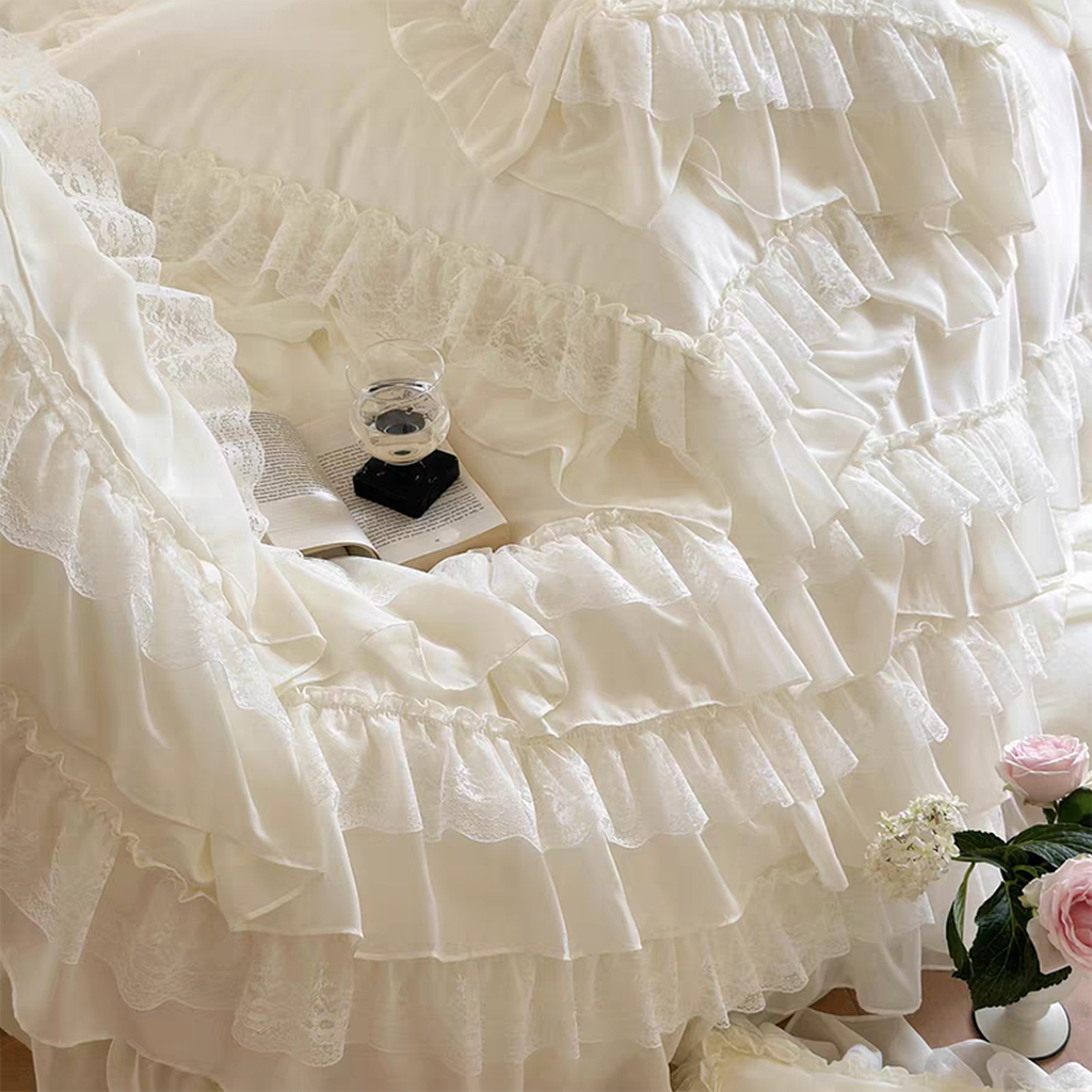 Cream White Princess Style Chiffon Ruffled Bedding Set