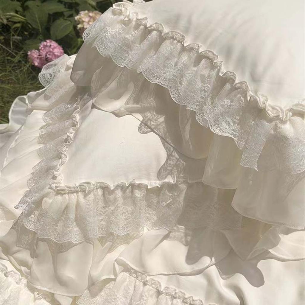 Cream White Princess Style Chiffon Ruffled Bedding Set