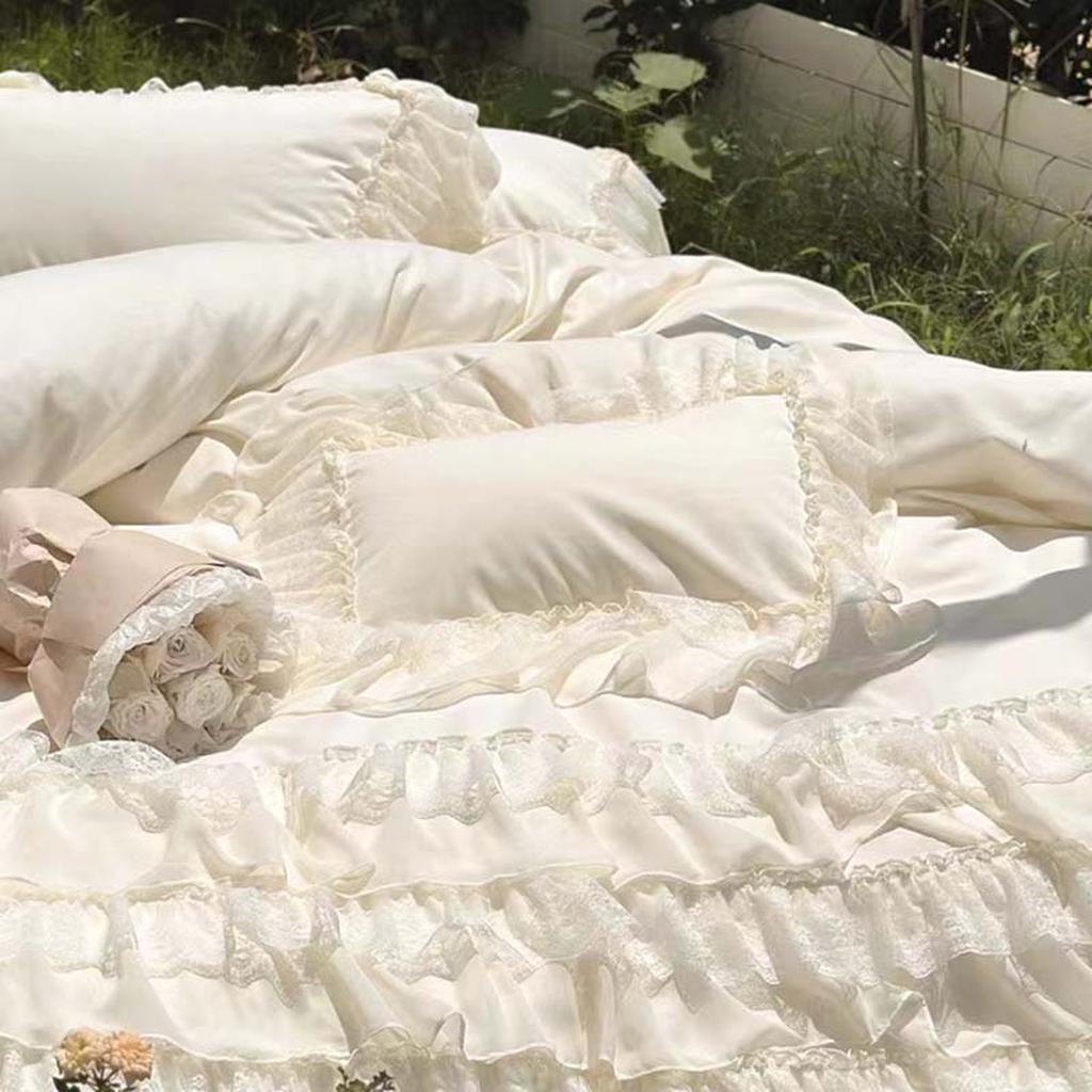 Cream White Princess Style Chiffon Ruffled Bedding Set