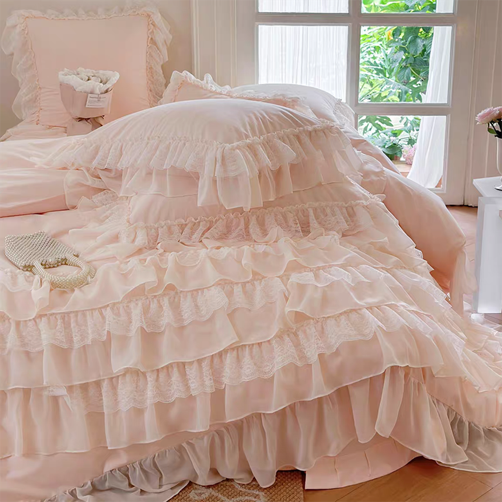 Cream White Princess Style Chiffon Ruffled Bedding Set