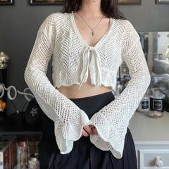 Bohemian Hollow Tie Front Crochet Knit Lightweight Cropped Cardigan