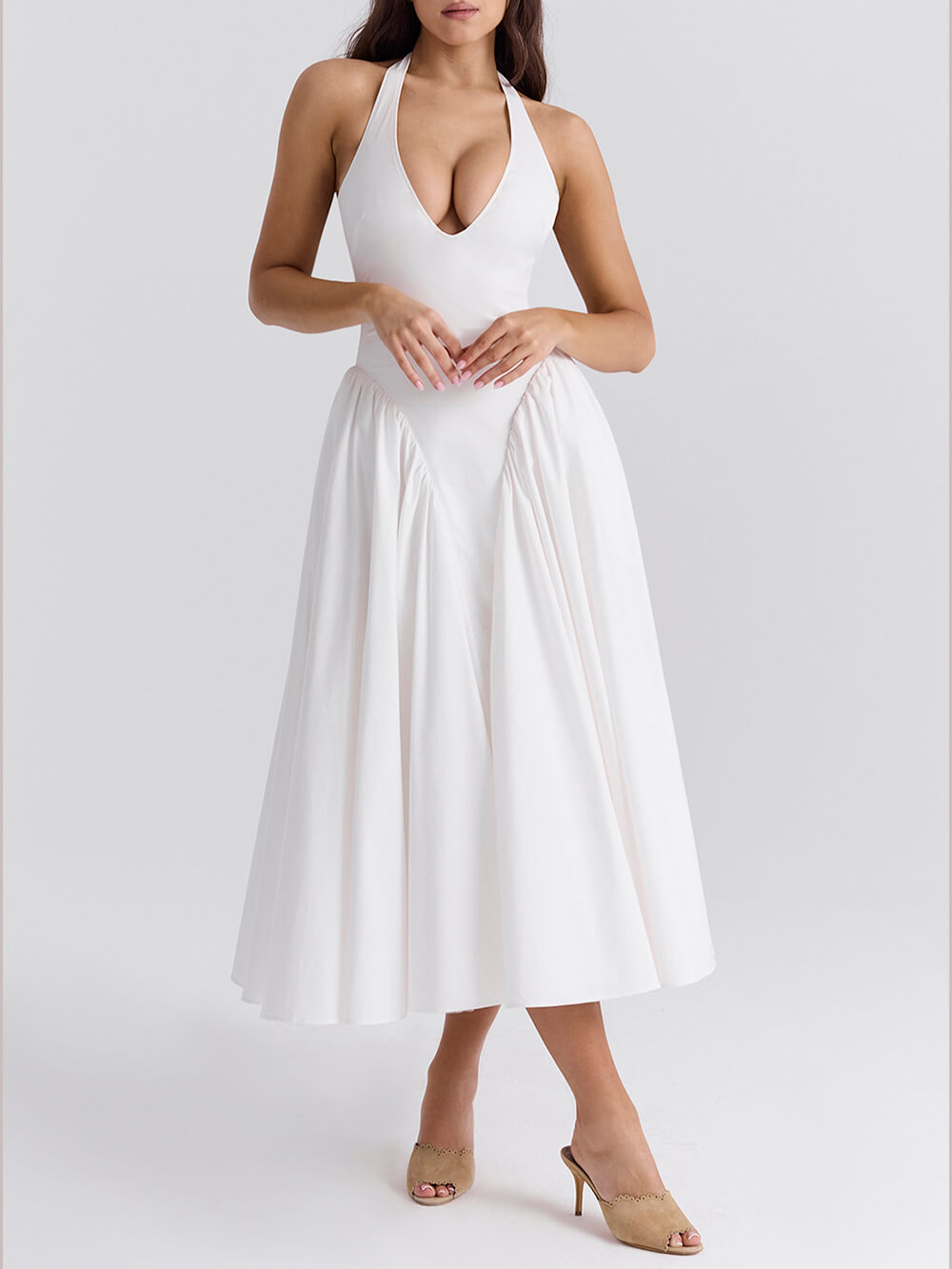 inostorâ„?Pleated Stitching Deep V Neck Halter Waist Plain Midi Dresses