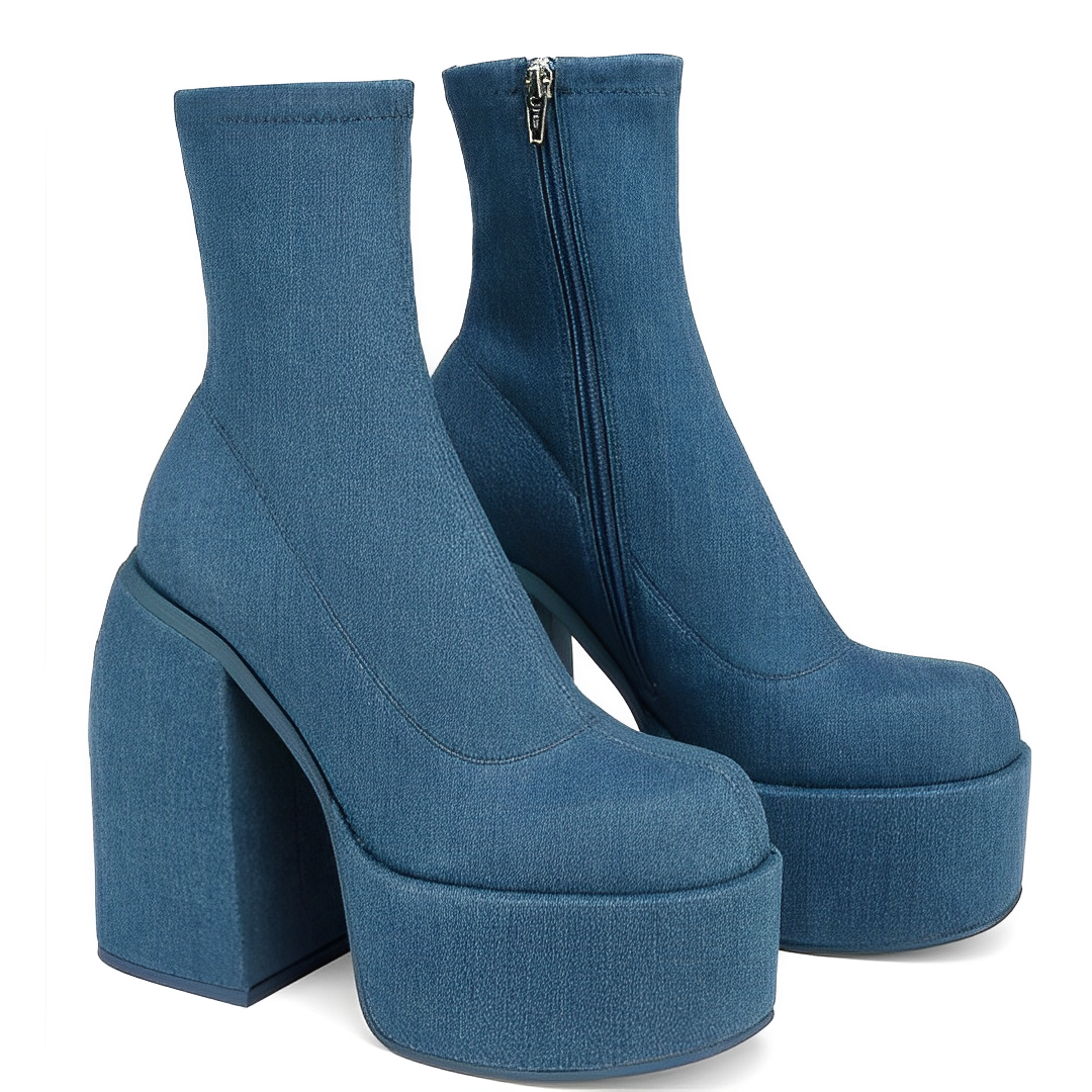 Denim Edgy Chunky Heeled Platform Boots