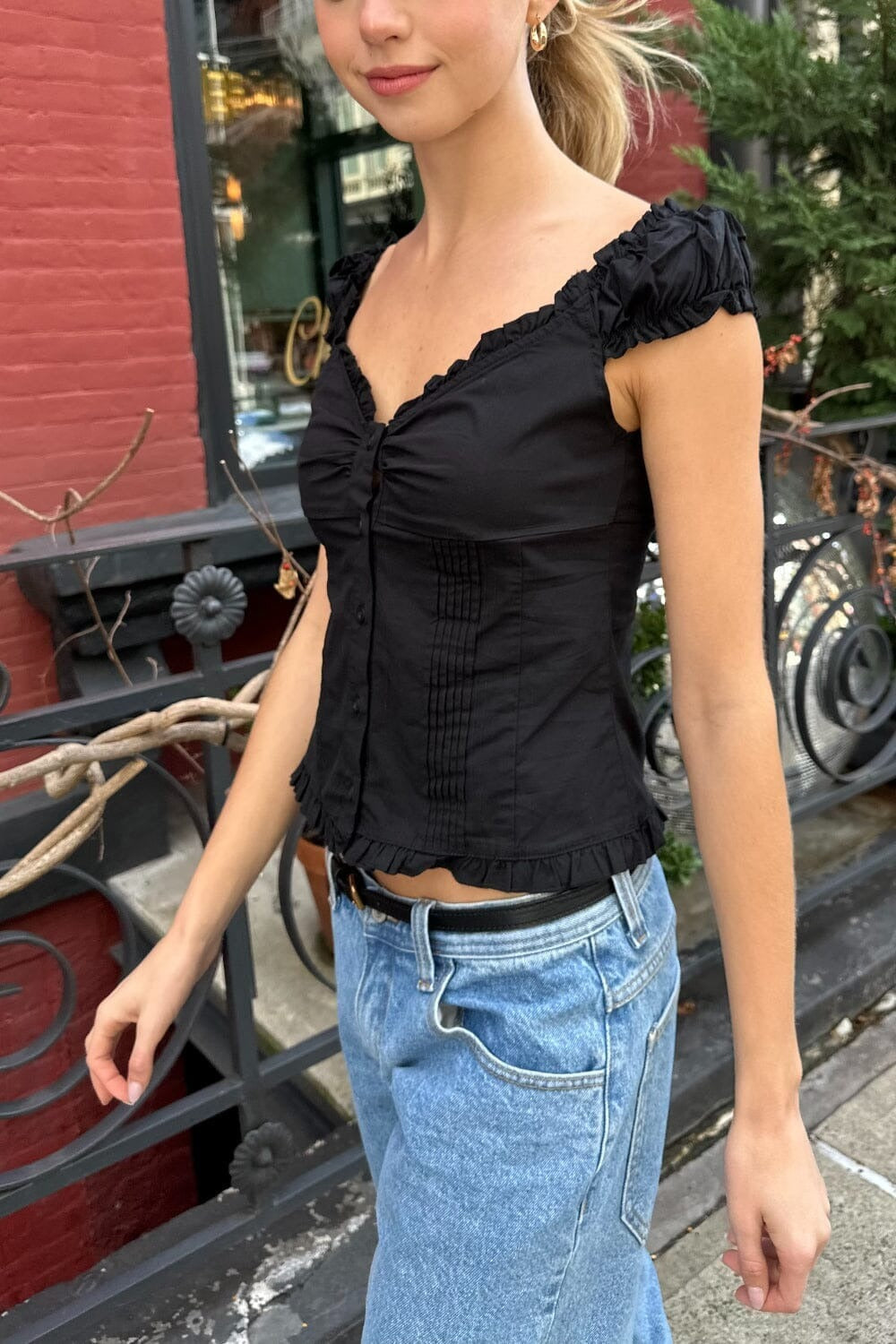 Lily Solid Button Frill Top