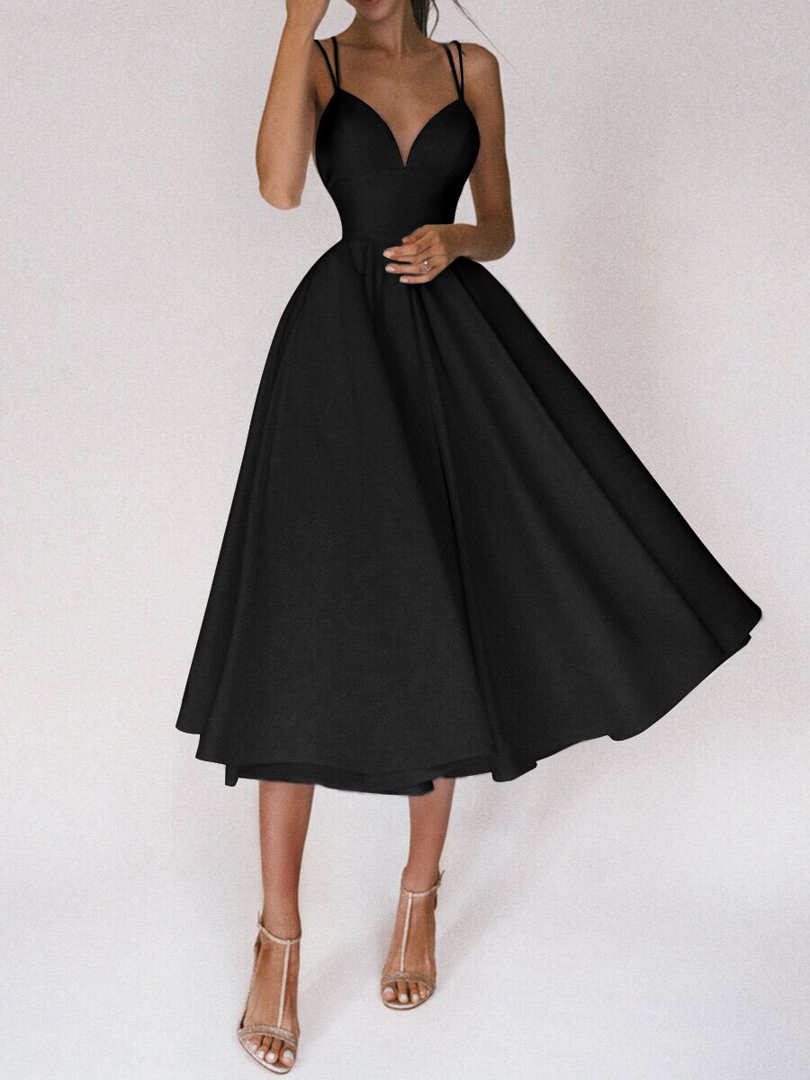 inostorâ„?A-Line Ruffles V-neck Sleeveless Satin Tea-Length Dress