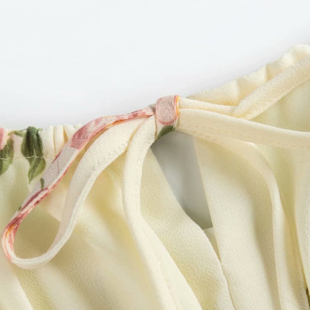 Beige Floral Front Tie Midi Dress