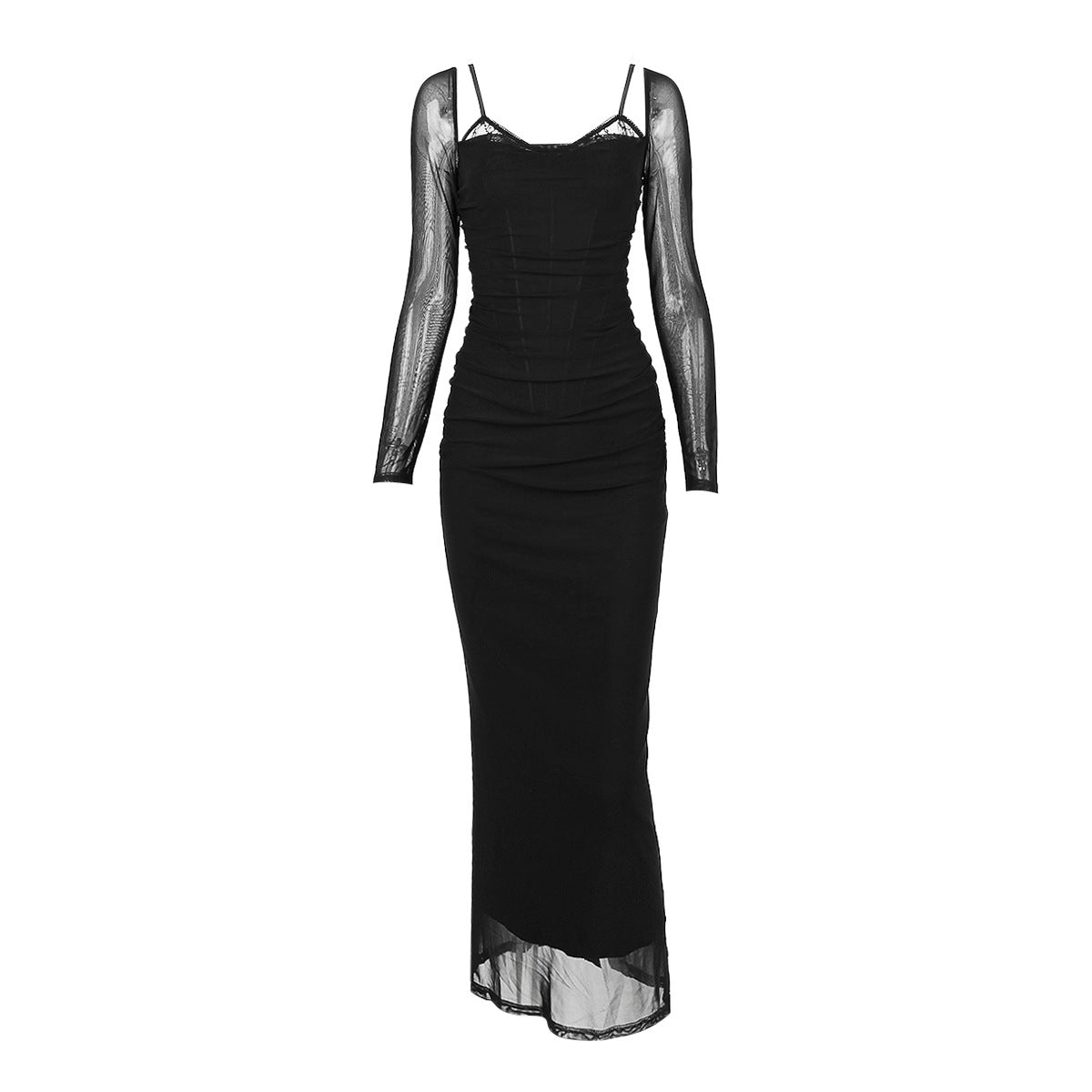 Black Mesh Long Sleeve Corseted Midi Dress