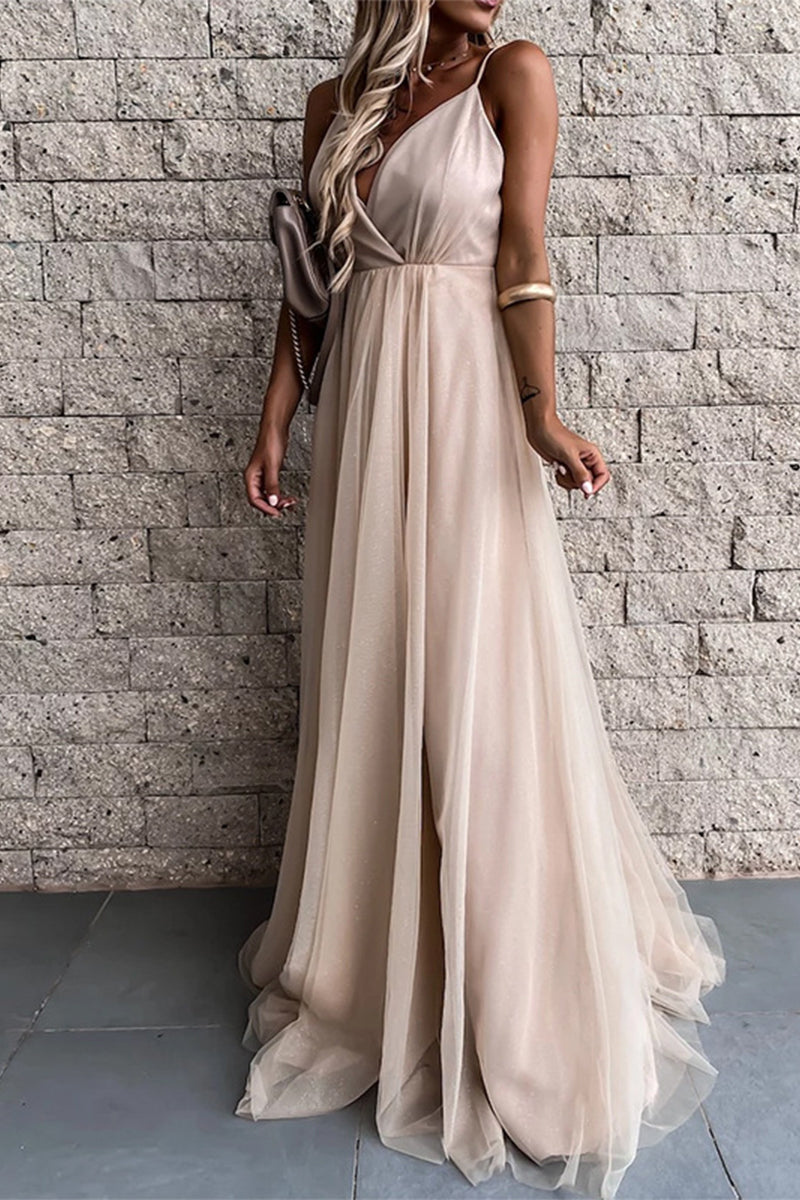inostorâ„?Sexy Formal Solid Mesh V Neck Evening Dress Dresses