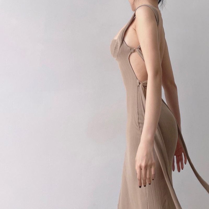 Dark Beige Square Neck Back Strap Midi Dress