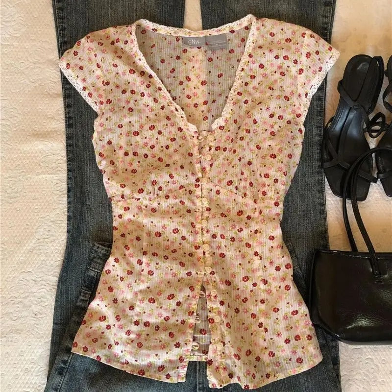Meadow Bloom Button-Front Cap Sleeve Blouse
