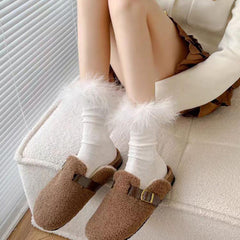Faux Fur Crew Socks - Grey
