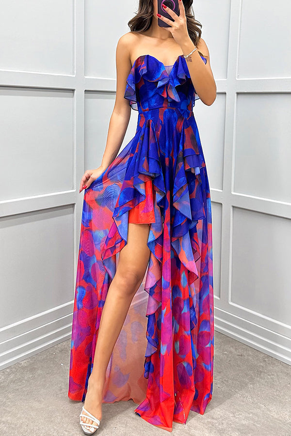 inostorâ„?Gradient Unique Print Flowing Layered Ruffles Strapless Slit Maxi Dress