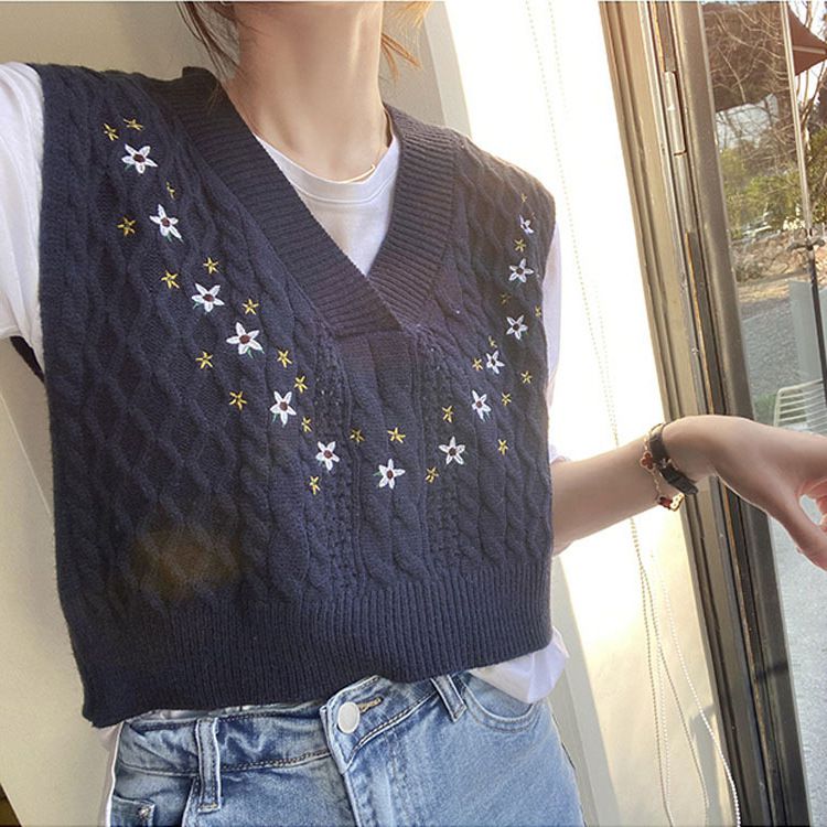 Boho French Flower Embroidery Cable Braided Knitted Vest Sweater