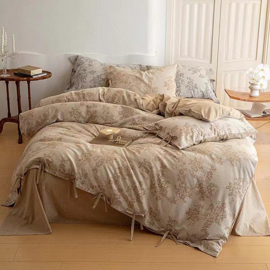 Floral Jacquard Bedding Set with Bow Tie - Khaki