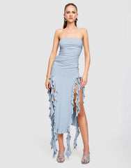 Light Blue Rushed Strapless Midi Dress