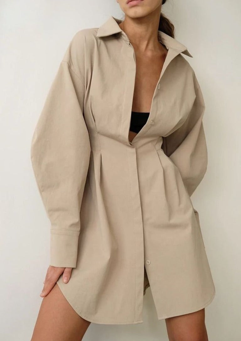 Beige Pleated Waist Mini Shirt Dress