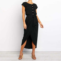 Buttons Short Sleeve Tie Waist Midi Dress With Slit