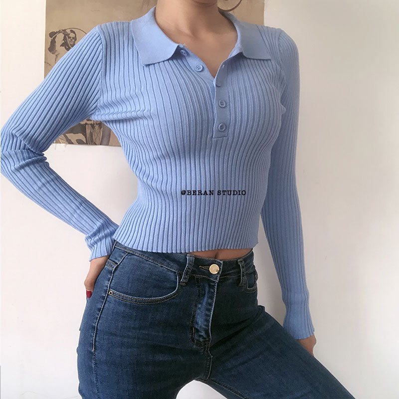 Cozy Long sleeve knitted polo shirt Tops Womens