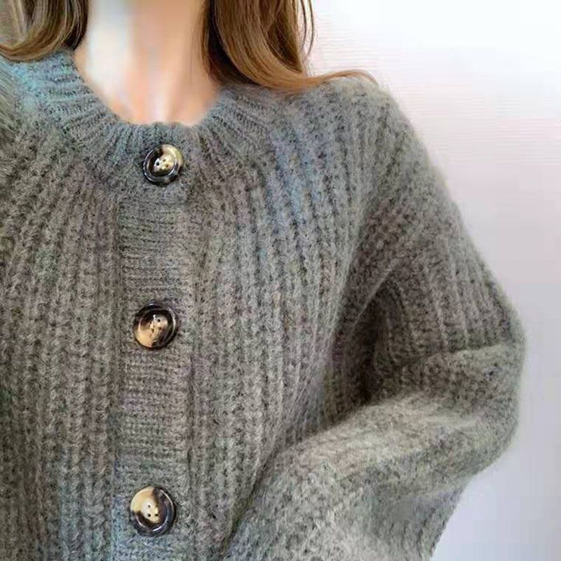 Grey Ribbed Knit Cardigan Round Neck Button Sweater Knitwear