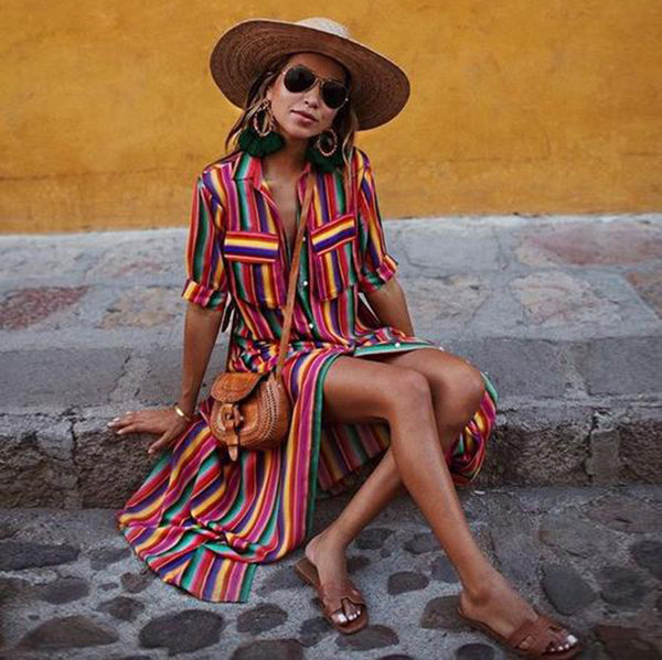 Boho Multi striped long maxi button down dress with sleeves
